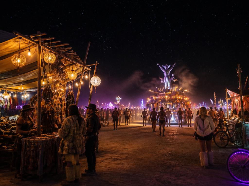 Night Burning Man bazaar with glowing stalls and art installations
